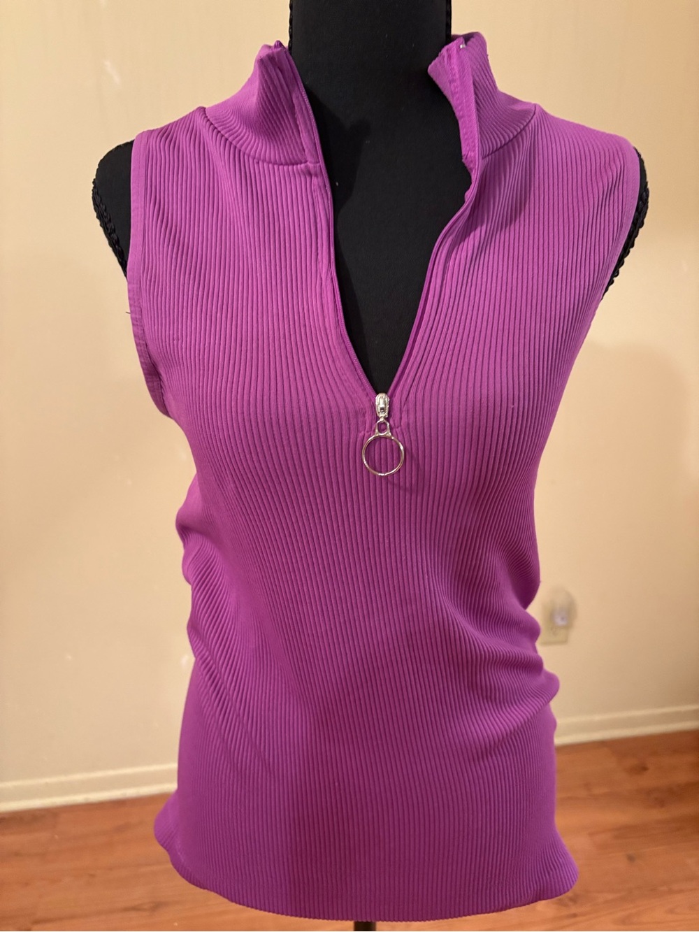 Love Sleeveless Ribbed Zip Mock Neck Tank - Purple